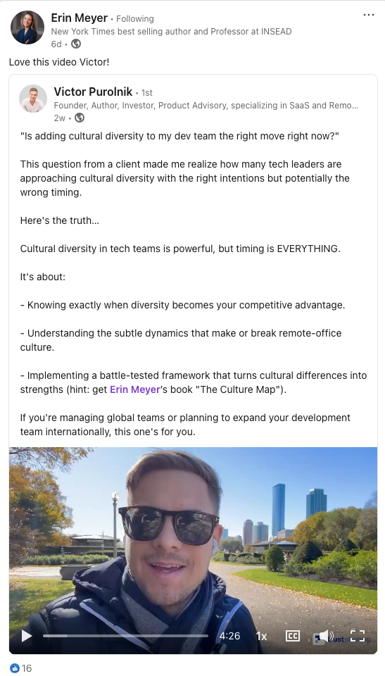 A screenshot taken from LinkedIn of Erin Meyer, the author of 'The Culture Map' who reposts a video of Victor Purolnik, the founder of Trustshoring